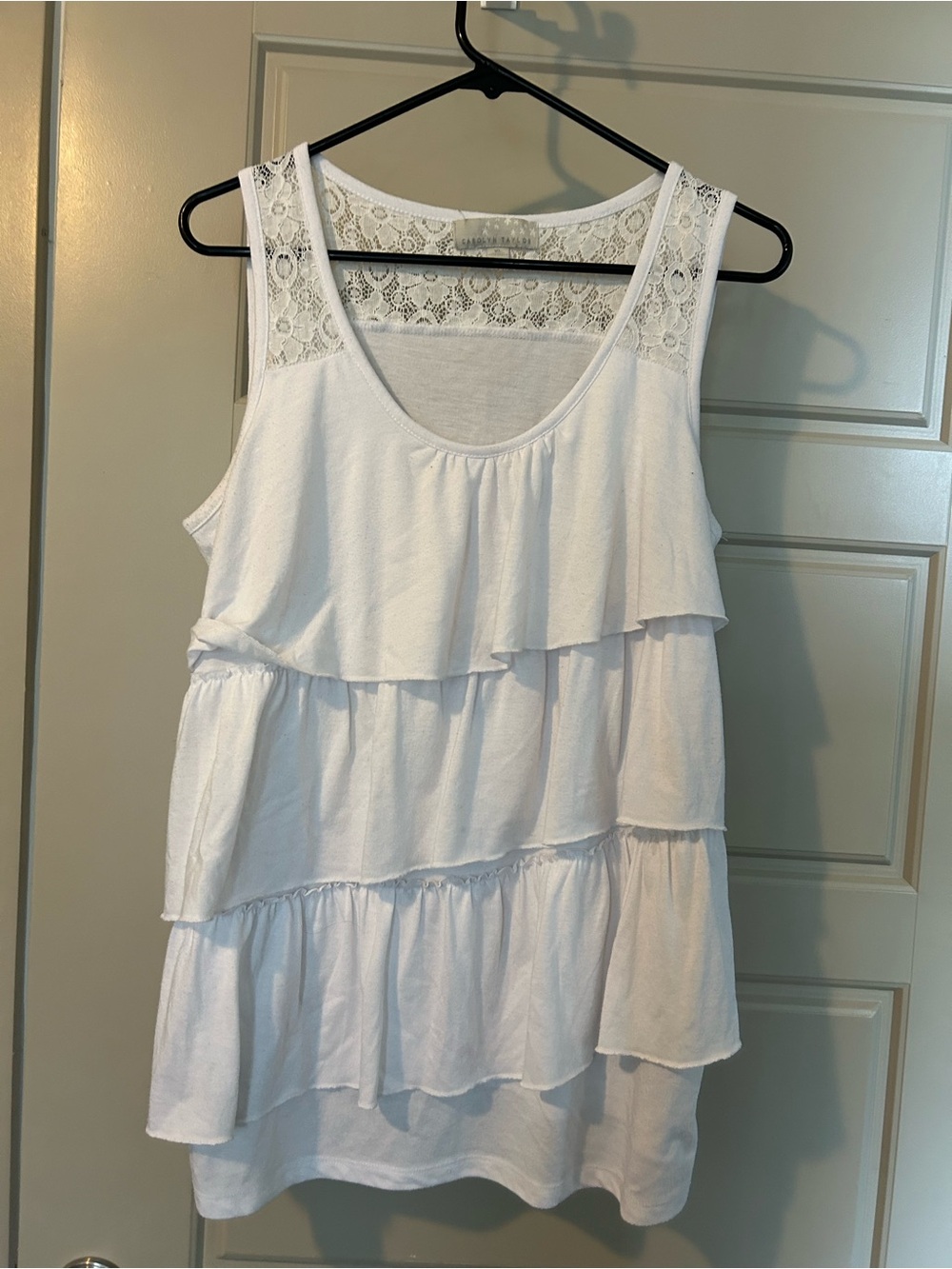 Women's White Lace-Back Tiered Ruffle Tank Top